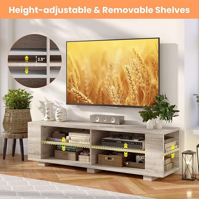 Giantex Modern TV Stand for TVs up to 65 Inch, Wood Entertainment Center w/ 8 Open Storage & Adjustable Shelves, Television Stands w/Cable Holes, TV Console Table for Living Room Bedroom (White Oak)-NeatNest