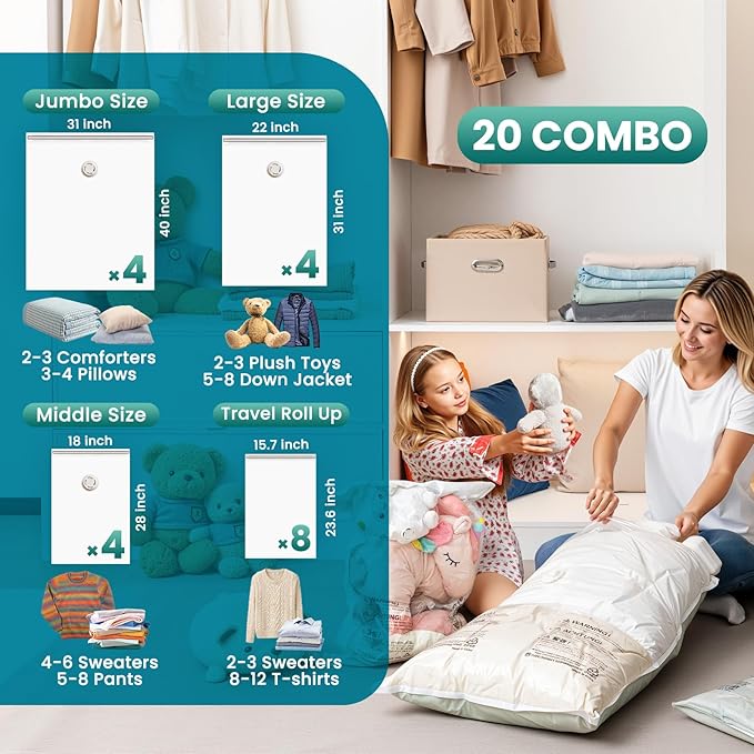 TAILI 20 Pack Combo Vacuum Storage Bags, Vacuum Seal Bags for Clothing (4 Jumbo, 4 Large, 4 Medium, 8 Travel Roll), Space Saver for Bulky Clothing, Beddings, Comforters, Saving More Closet Space-NeatNest