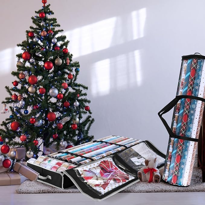 Hearth & Harbor Wrapping Paper Storage Container and Clear Wrap Paper Holder - Christmas Storage Bag with Interior Pockets - Fits Up to 36 Rolls of 40" - Tear Proof, Black-NeatNest