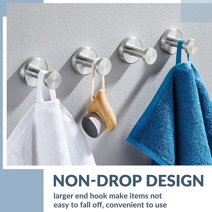 APLusee Brushed Nickel Hand Towel Hook, 4 Pack 304 Stainless Steel Storage Coat Hook, Bathroom Accessories Wall Mounted