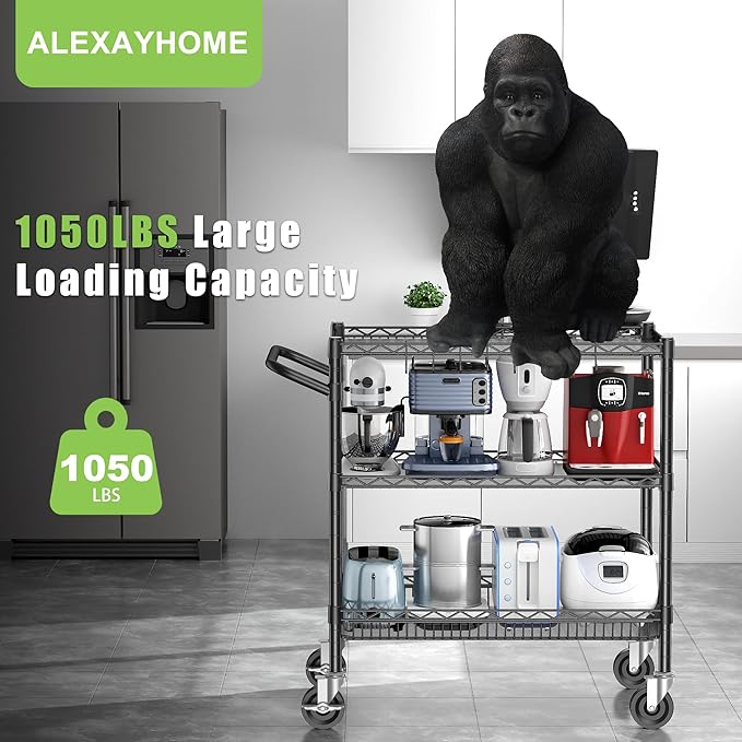 3 Tier Utility Cart with Wheels, Heavy Duty Rolling Cart 1050lbs, Commercial Grade Kitchen Trolley with Handle Bar&Shelf Liner, Mobile Metal Trolley for Warehouse Garage Kitchen