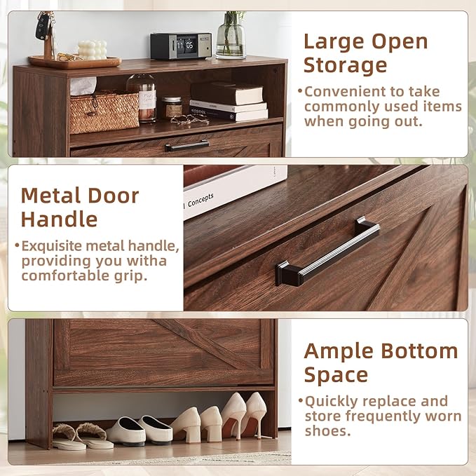 Shoe Storage Cabinet with 2 Flip Drawers,Farmhouse Narrow Shoe Organizer with Legs,Freestanding Hidden Slim Shoe Rack Cabinet with Open Storage for Entryway,Hallway, Foyer, Rustic Brown-NeatNest