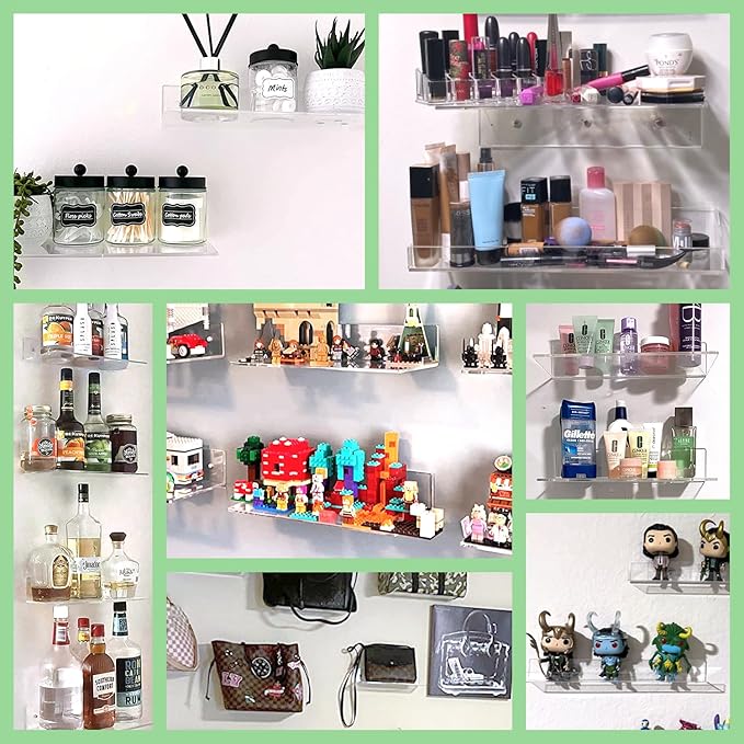 FEMELI 2 PCS 24" Acrylic Floating Shelves, Clear Shelf for Display, Plant, Perfume, Book in Bedroom Living Room Office, 5mm Thick Wall-Mounted Acrylic Shelves for Wall