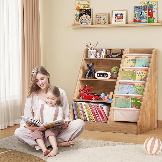 4-Tier Kids Wooden Bookshelf and Toy Storage, 4 Layer Sling Children Bookcase, Book Display Shelf for Kids Bedroom, Playroom, Nursery, Classroom