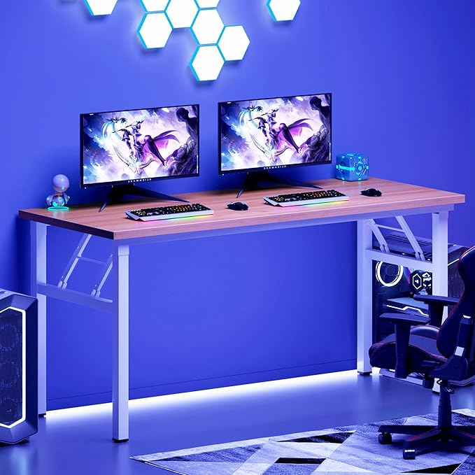 DlandHome Large Computer Desk, Folding Desk, Decent and Steady Home Office Desk/Workstation/Table 54.3inch Teak White-NeatNest