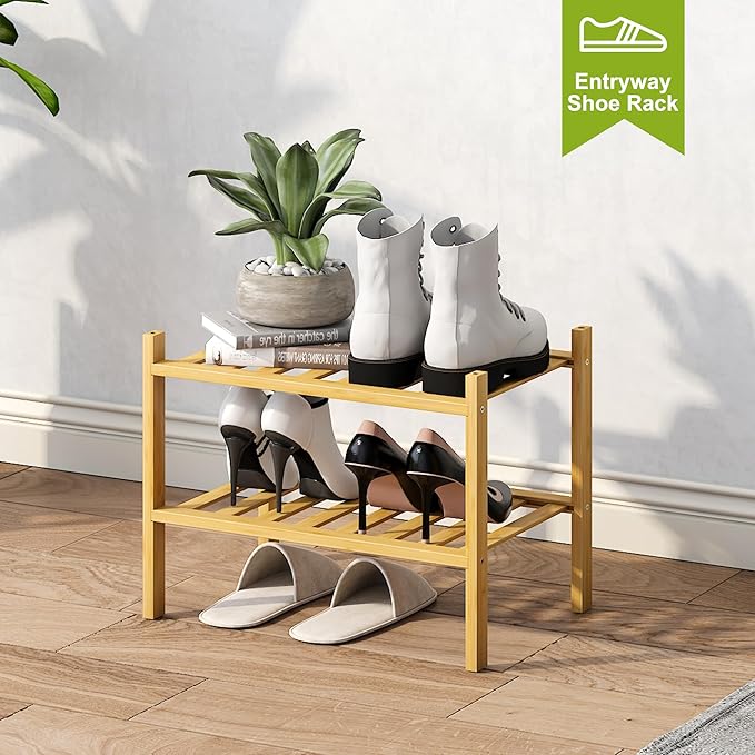 BMOSU 2-Tier Bamboo Small Shoe Rack Premium Stackable Shoe Shelf Storage Organizer for Hallway Closet Living Room Entryway Organizer (Natural Bamboo)-NeatNest