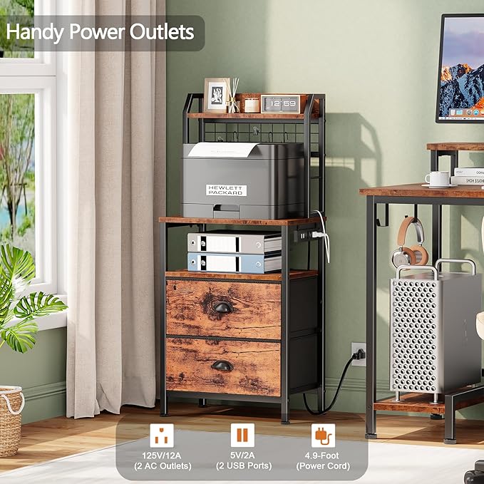 Furologee 40'' Tall Nightstand with Charging Station, Bedside Table with LED Lights, End Table with 2 Drawers and Storage Shelves, Night Stand with Pegboard for Bedroom, Rustic Brown