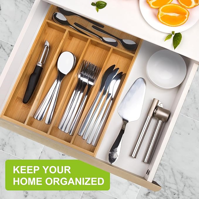 Bamboo Utensil Drawer Organizer, Kitchen Organizer for Flatware Cutlery, Silverware Tray for Drawer (5 Slots, Natural)-NeatNest
