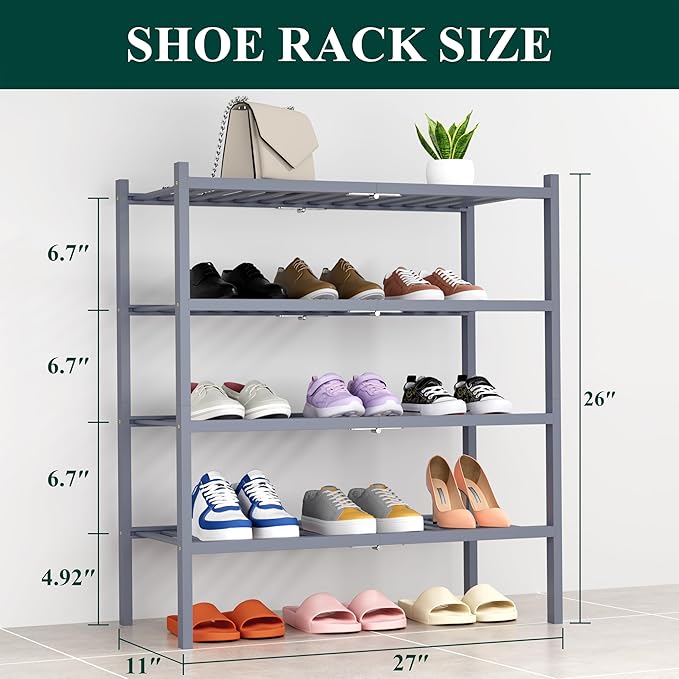 Smiry Shoe Rack, 4 Tier Thick Bamboo Shoe Organizer, Stackable Free Standing Wooden Shoe Storage Shelf for Closet, Entryway, Front Door Entrance, Grey-NeatNest