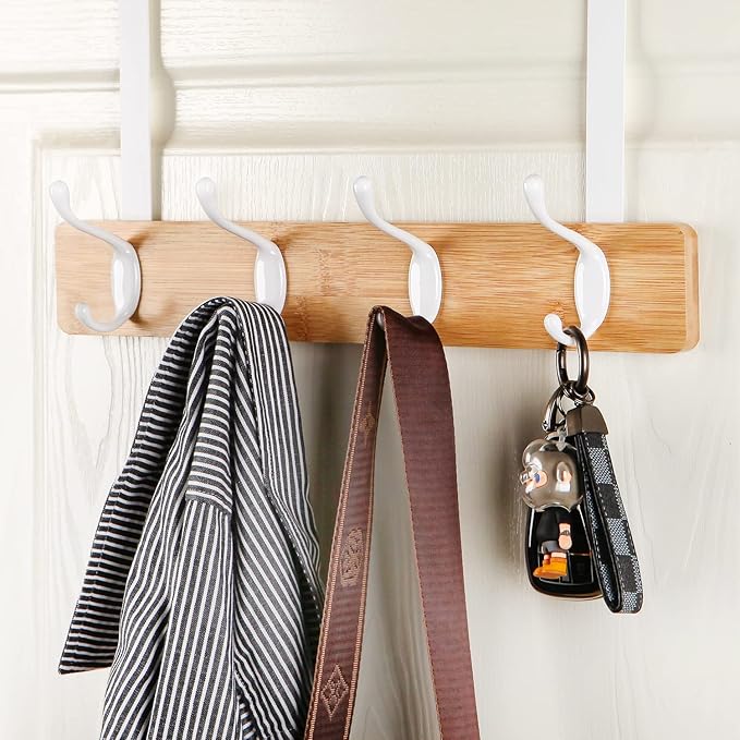 Badiano Over The Door Hook Hanger, Bamboo Coat Rack with 4 Metal Hooks, Wood Clothes Organizer for Coat, Towels, Bags, Robes (Natural)