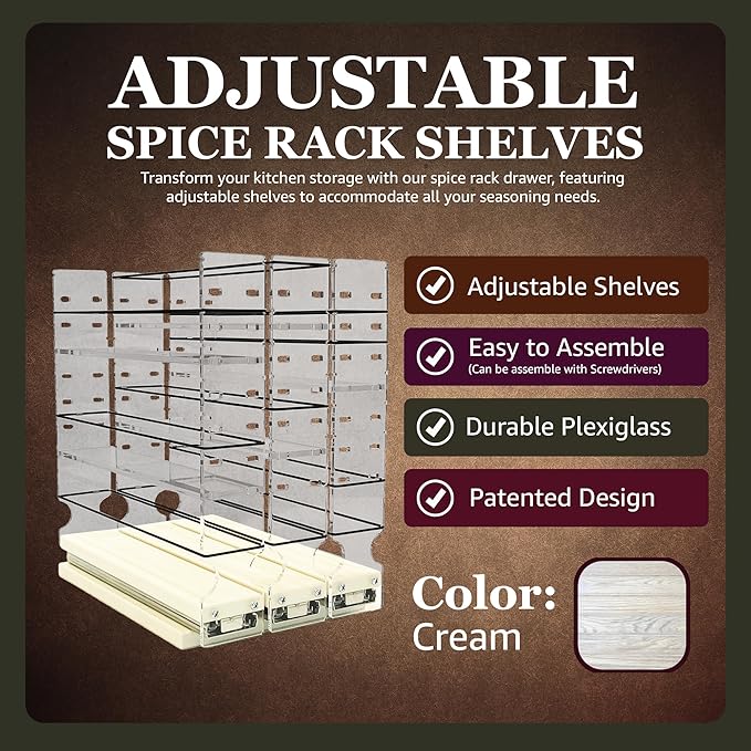 Vertical Spice Adjustable Spice Rack Drawer - Pull Out Cabinet Organizer - Kitchen and Pantry Organizers and Storage - Spice Caddy - 3 Drawers, 5 Upper Tier (6.9" W x 11.25" H x 10.6", Cream)