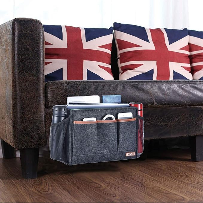 Bedside Caddy, Large Size Storage Organizer with 8 Pockets - Holds Magazines, Remotes, Phone (13.4'' x 18.1'', Dark Grey)-NeatNest