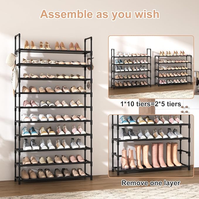 VTRIN 10-Tier Shoe Rack - Large Capacity 50 Pair Organizer with Two Hooks - Sturdy Metal Shoe Shelf for Entryway, Closet, Bedroom-NeatNest