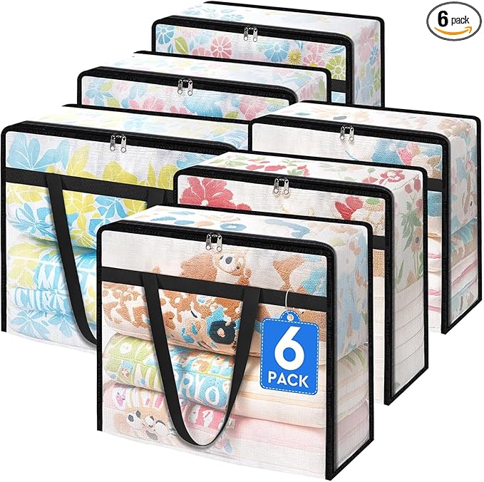 BlissTotes 6 Pack Clear Clothes Storage Bags, Under Bed Storage Containers, Foldable Blanket Storage Moving Bags with Sturdy Zipper and Handle for Clothing, Comforter, Bedding, Sheet (60L)-NeatNest