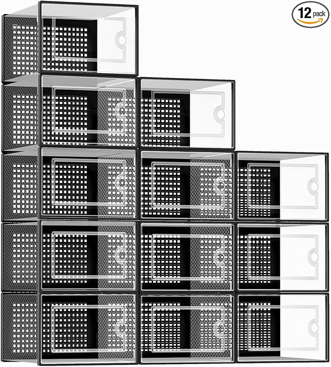 Kuject X-Large Shoe Storage Boxes Organizers Clear Plastic Stackable 12 Pack, Shoe Rack & Holder Substitute, Sneaker Containers, Toy Storage Organizer Bins for Entryway, Closet, Under Bed, Black-NeatNest