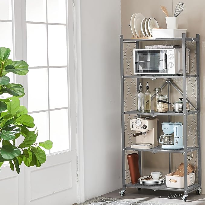 BRIAN & DANY 5-Tier Foldable Storage Shelves with Wheels, Folding Metal Rack Shelving Unit, Heavy Duty No Assembly Organizer Shelf for Garage, Kitchen, Basement, Pantry, Gray-NeatNest