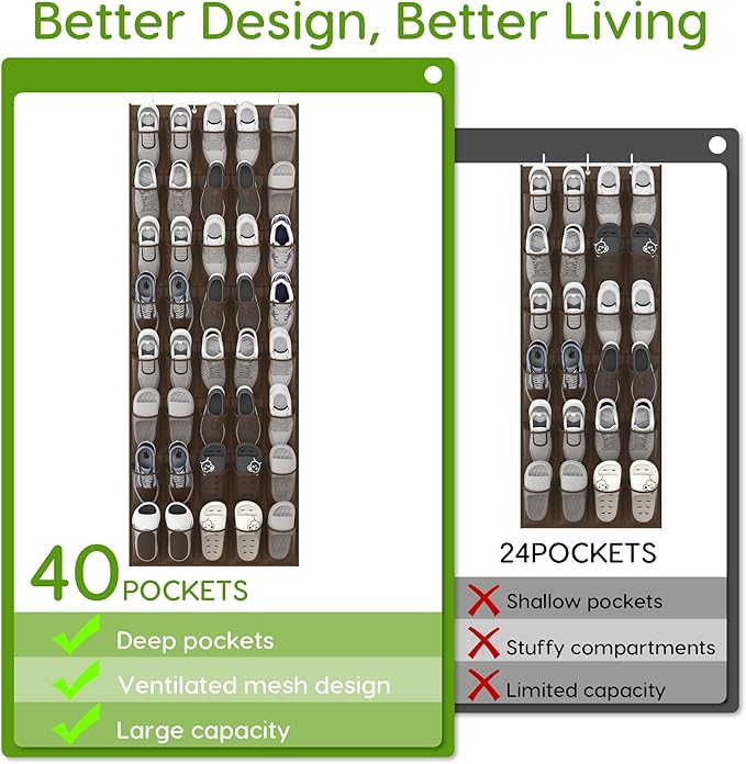Unjumbly Over the Door Shoe Organizer with 40 Large Breathable Mesh Pockets, Space Saving Shoe Holder, Hanging Shoe Rack for Entryway Bedroom Closet Storage (Brown, 40 Pockets)-NeatNest