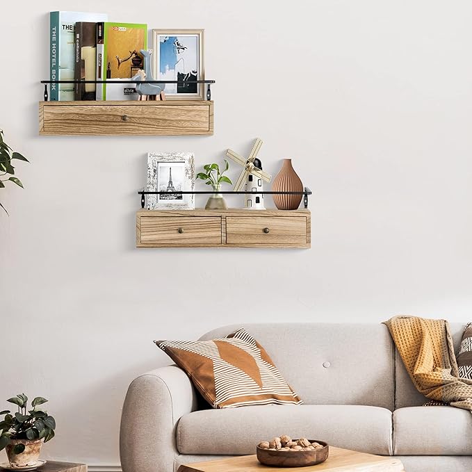 Floating Shelves for Wall Storage, Wall Mounted Bathroom Shelf with Drawers Set of 2, Rustic Wood Wall Shelves for Bedroom, Living Room, Kitchen, Home Decor, Plants, Books-NeatNest
