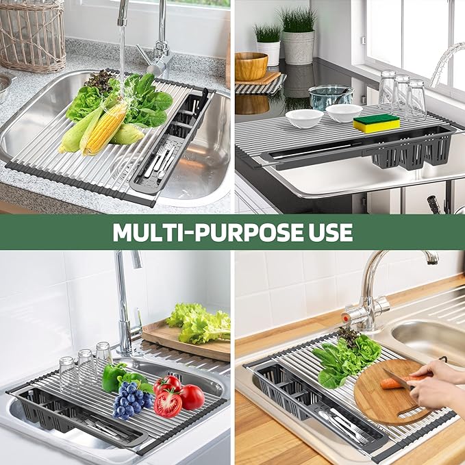 Extra Large Black Expandable Roll Up Dish Drying Rack,Over The Sink Kitchen Rolling up Dish Drainer, for Kitchen Sink Counter,Foldable Sink Cover with Removable Utensil Holder(Expandable Width Size)