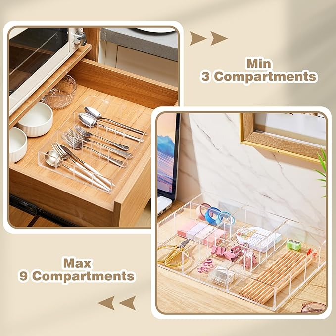 Acrylic Drawer Organizer Clear Desk Drawer Organizer Trays with Adjustable Compartments Desk Accessories for Office Stationery Makeup Silverware Bathroom (Non Expandable)