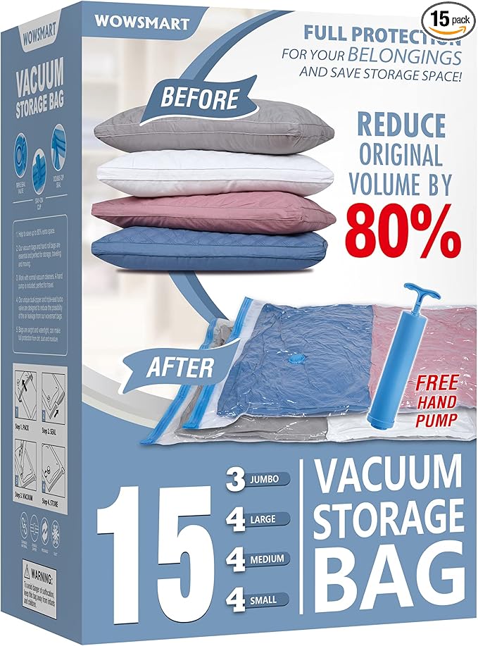 15 Pack Vacuum Storage Bags with Hand Pump, 80% Space Saver Vacuum Seal Storage Bags for Clothing, Travel Lugggage, Blankets, Comforters