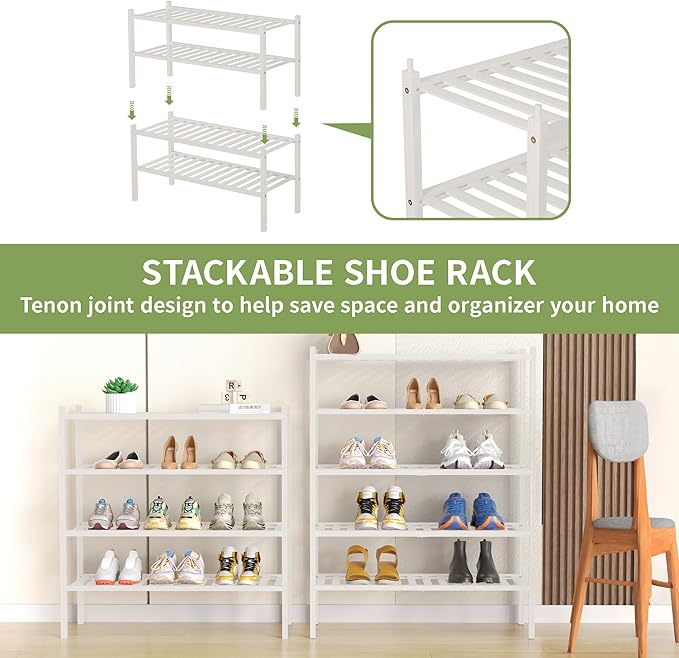 5 Tier Bamboo Shoe Rack for Closet Free Standing Wood Shoe Shelf for Entryway Small Space Stackable 27"x11"x33" (White)-NeatNest