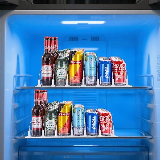 Drink Organizer for Fridge, Soda Can Organizer Dispenser for Refrigerator with Automatic Pusher Glide, Width Adjustable Clear Dividers Can Holder for 30 Cans, 15''D x19''W, 6 Rows
