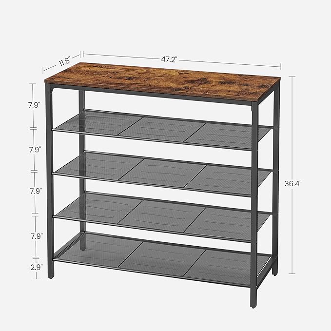 VASAGLE 5 Tier Shoe Rack for Closet, Entryway, 20-25 Pairs of Shoes, Large Shoe Organizer with 4 Metal Mesh Shelves, 11.8 x 47.2 x 36.4 Inches, Rustic Brown and Black ULBS205B01-NeatNest