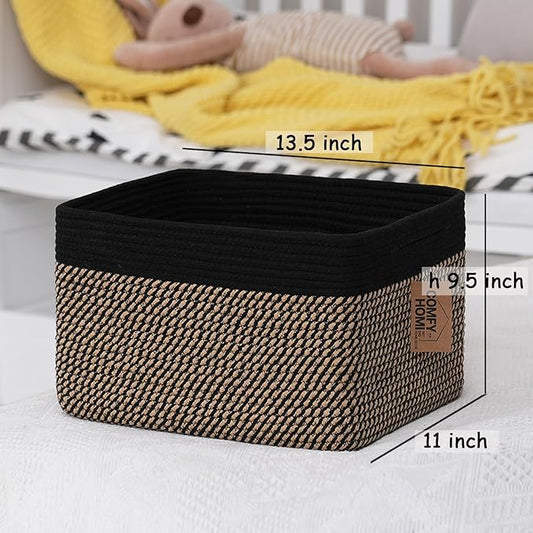 COMFY-HOMI Cotton Rope Woven Basket with Handles for Shelves,Toys,Book, Cloth Storage Baskets Bin for Organizing-13.5"x11"x9.5" Toy Decorative Organizer for Living Room, Bathroom-Black/Jute-NeatNest