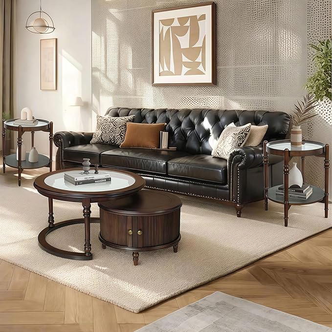 31.5'' Nesting Coffee Table Set of 2 and End Table, Solid Wood Round Nesting Coffee Table Fluted with Storage, Brown Modern Coffee Table Set for Living Room Office