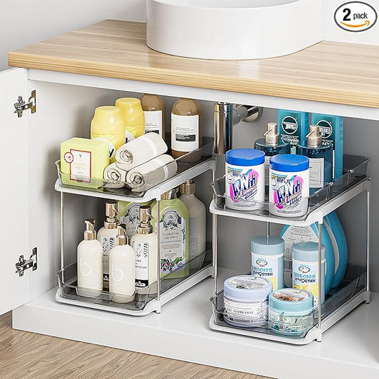 Delamu 2 Sets of 2-Tier Multi-Purpose Bathroom Cabinet Under Sink Organizers and Storage, Stackable Kitchen Pantry Organization and Storage, Grey-NeatNest