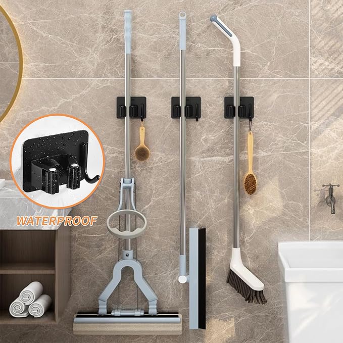 Broom Holder Wall Mount, Mop and Broom Holder Wall Mount with Hooks, Stainless Steel Broom Holders 4Pcs-NeatNest