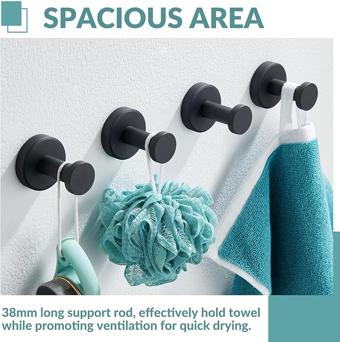 APLusee Matte Black Bath Robe Towel Hook 4 Pack, Stainless Steel Bathroom Coat Hook, Wall Mount
