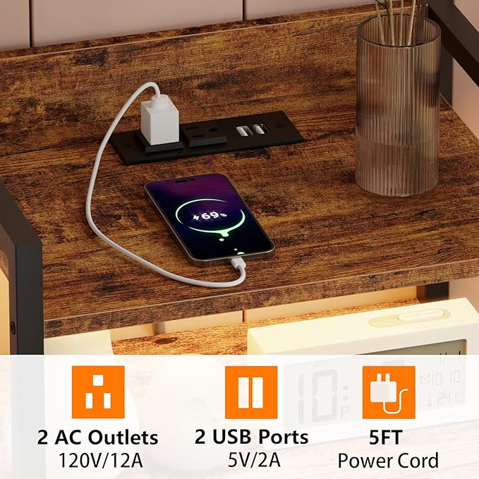 Furnulem 5 Drawer Dresser for Bedroom, Tall Nightstand with Led Light and Charging Station, Small Night Stand Bedside Table, Fabric Bins, Metal Frame, Wood Shelf, Side Furniture(Rustic Brown)