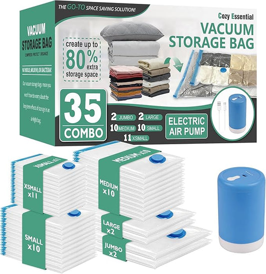Cozy Essential 35 Pack Vacuum Storage Bags with Electric Pump, Vacuum Seal Space Saver Bags for Clothing, Pillows, Blanket, Bedding, Comforters-NeatNest