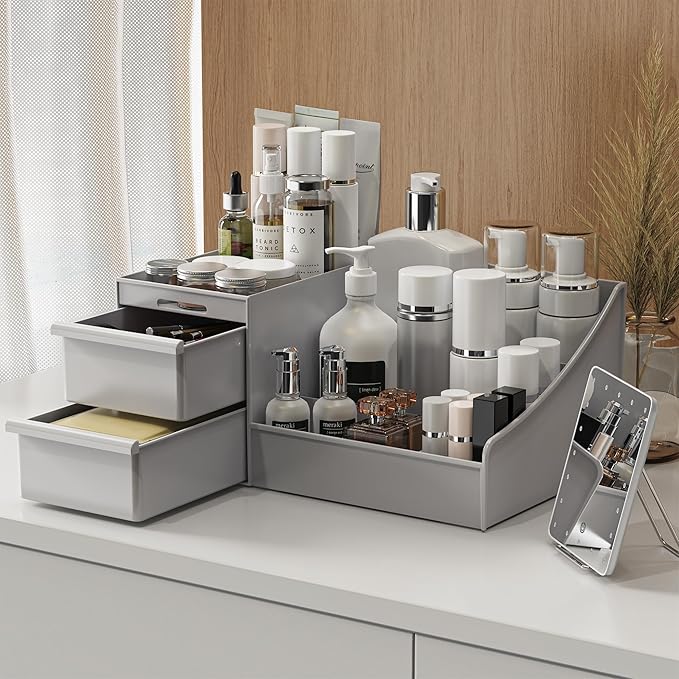 Makeup Organizer Countertop, Vanity Organizer with Drawers for Cosmetics, Skincare, Brushes, Perfume, Skincare Organizer for Vanity, Perfume Organizer for Dresser, Bathroom (Grey&2 Drawers)-NeatNest