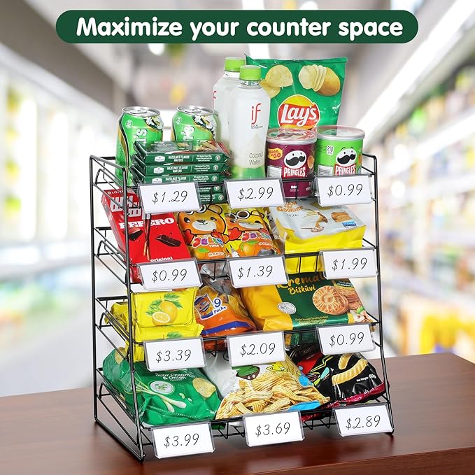4-Tier Black Stackable Candy Display Rack, Snack Organizer For Countertop, Stores, Offices with 12 Signs and 30 Labels (Black-1 Pack)
