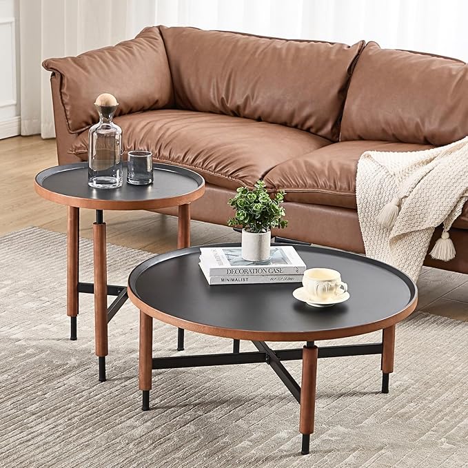 LukeAlon Modern Round Coffee Table Circle Wooden Table Top with Black Cross Legs Base, Rustic, Vintage, Living Room Easy Assembly, Black(31" D x 31" W x 13.5" H)