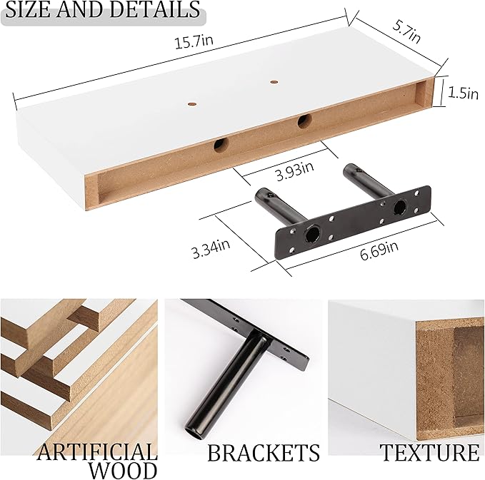 BAMEOS Floating Shelves, White Wall Mounted Wooden Shelves with Invisible Brackets Set of 2, Hanging Wall Shelves Decoration for Bedroom, Bathroom, Living Room and Kitchen-NeatNest