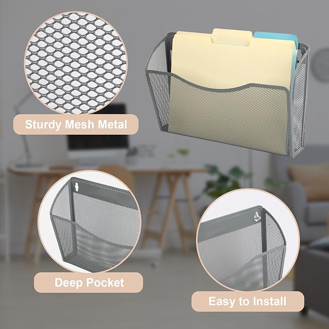 EASEPRES 3 Single Pocket Mesh Hanging File Organizer, Vertical Wall Mounted Magazine File Holder, Mount Basket Mail Paper Document Folder Organizing for Office, Home and School, Gray