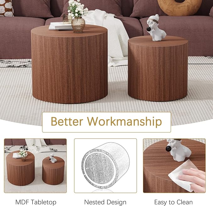 Round Coffee Table Set of 2 Modern Nesting Coffee Tables Wooden Drum Coffee Tables with Non-Slip Feet, Circle Nesting Tables End Table for Living Room Office, No Assembly (Dark Wood 18.11"+14.57")