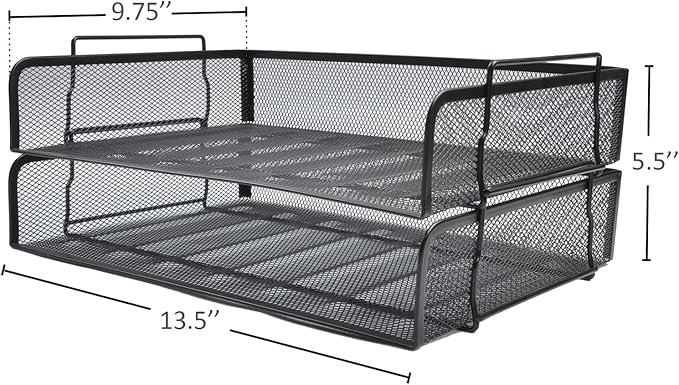 EASEPRES 2 Pack Stackable Desk Paper Tray, Metal Mesh Desktop Document Letter File Organizer for Office Home School, 13.5'' L x 9.75'' W x 5.5'' H, Black