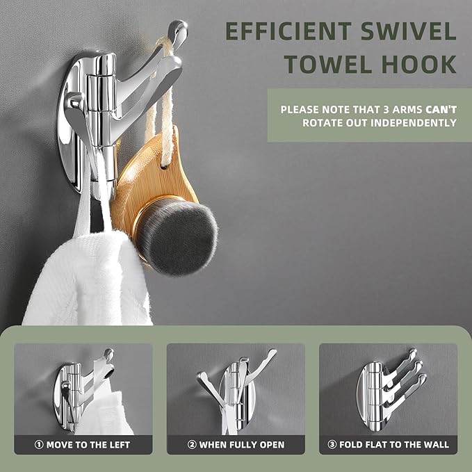 Angle Simple Bathroom Towel Hook Swivel, Metal Hand Towel Hook for Wall, Foldable Robe Coat Hanger, Chrome