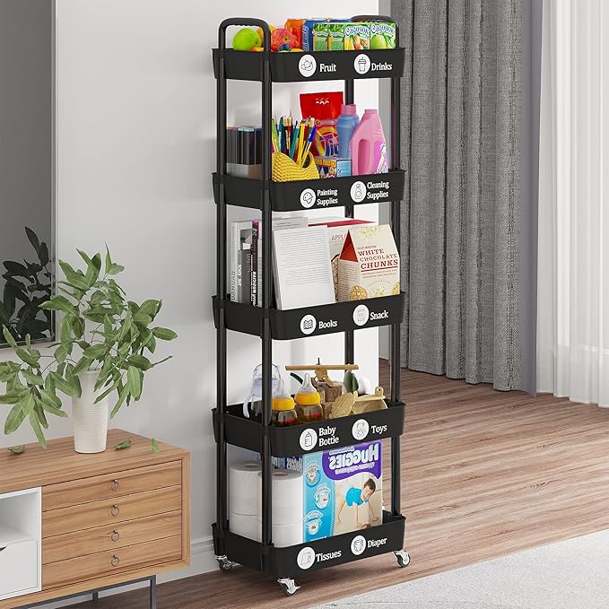 Laiensia Storage Cart,Multifunction Utility Rolling Cart Kitchen Storage Organizer,Mobile Shelving Unit Cart with Lockable Wheels for Bathroom,Laundry,with Classified Stickers-NeatNest