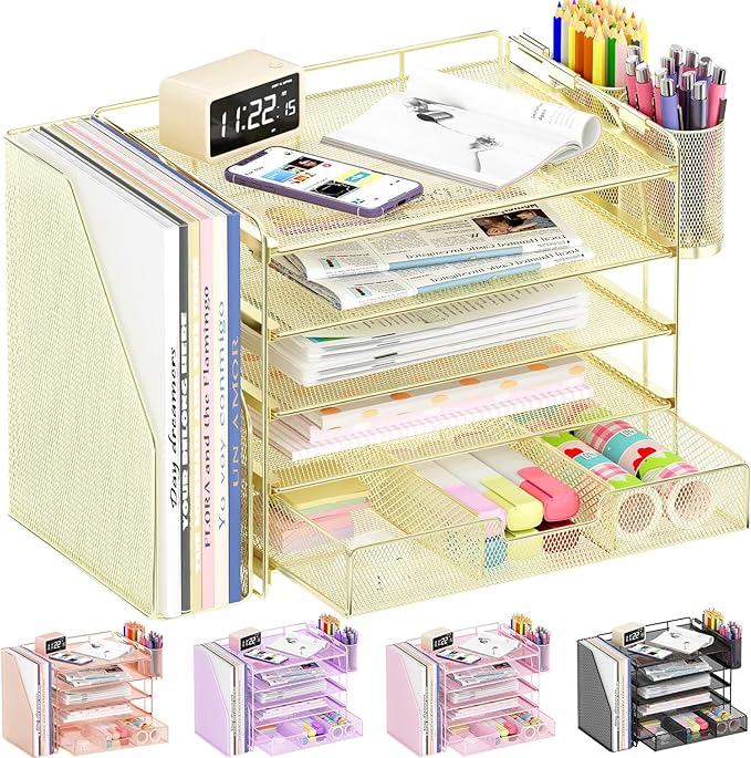 Desk Organizers and Accessories, 5-Tier Paper File Organizer with Drawer & Pen Holder, Office Desk Accessories Workspace Desktop Organizer for Office Supplies(Gold)-NeatNest