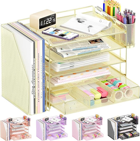 Desk Organizers and Accessories, 5-Tier Paper File Organizer with Drawer & Pen Holder, Office Desk Accessories Workspace Desktop Organizer for Office Supplies(Gold)-NeatNest