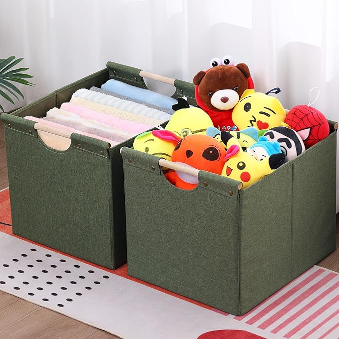 HOONEX Large Collapsible Storage Bins, Linen Fabric, Pack of 2, Storage Baskets with Wooden Carry Handles and Sturdy Heavy Cardboard, for Home, Office, Car, Nursery, Olive