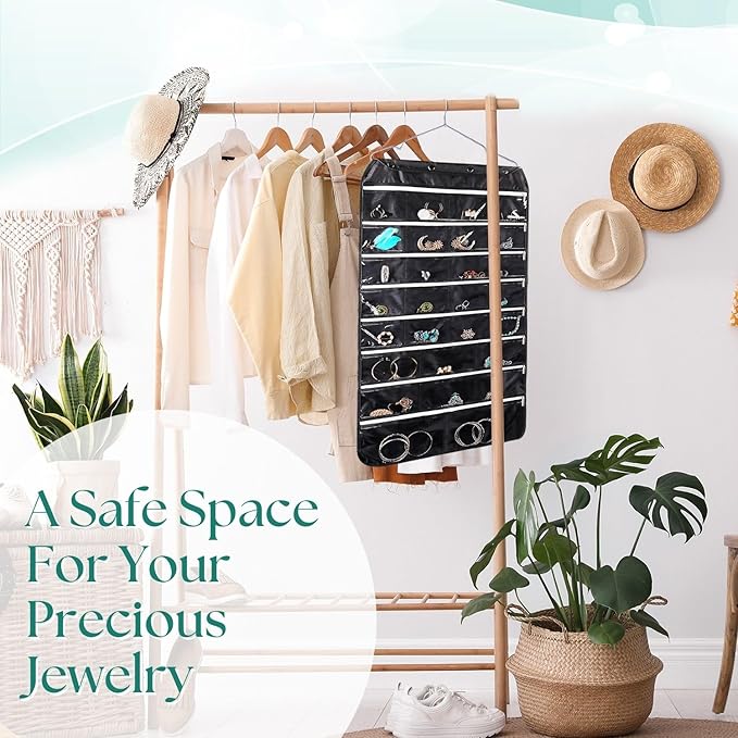 Flexzion Hanging Jewelry Organizer with Zippered Pockets - (1 Pack) Black Closet Jewelry Organizer Storage with Hanger, 56 Pockets Dual Sided Earring Organizer Hanging for Bracelets, Watches, Ring-NeatNest