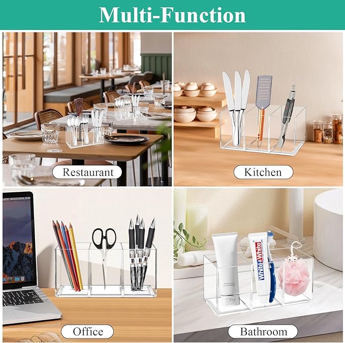 3 Pcs Acrylic Cutlery Storage Organizer, Clear Plastic Cutlery Utensil Holder for Kitchen Countertop, 3 Section Silverware Tableware Storage Box for Fork, Knife, Spoon Straws and Napkins-NeatNest