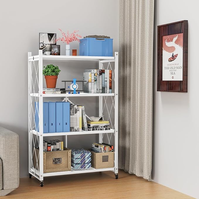 4-Tier Foldable Storage Shelf with Wheels - Metal Rack Collapsible Shelving Unit Display, Rolling Cart for Books Kitchen Storage Shelves, Pantry & Closet Organizer, Office Room Decor